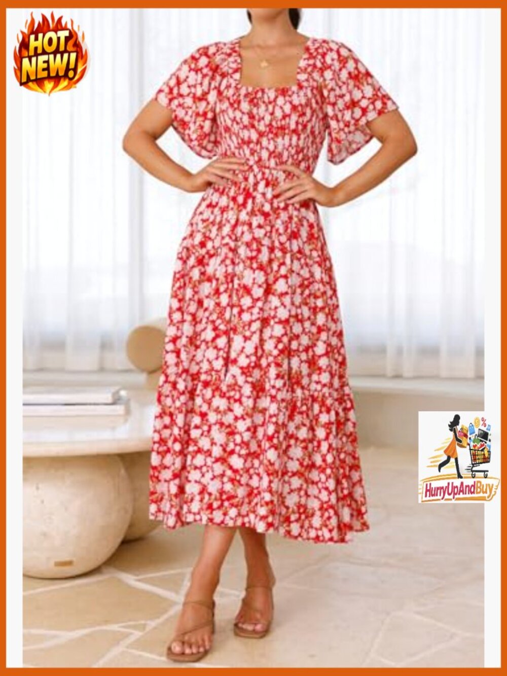 Boho Floral Maxi Dress Smocked Bust Square Neck Short Sleeve Casual Beach - Picture 5 of 7